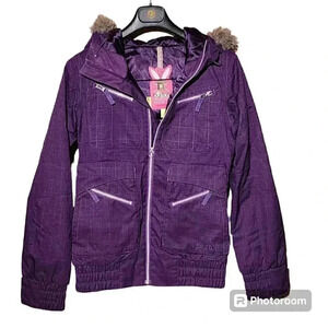 BURTON Dryride Women's Size Small Snow Ski Jacket Faux Fur Hood Purple Lined!